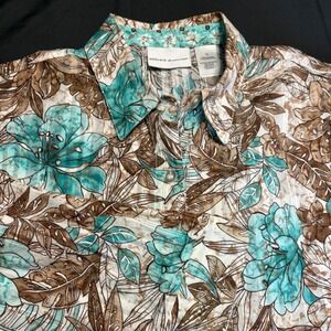 Tropical Floral Button Down Shirt Womens 12 Teal Brown Lightweight Top Vacation